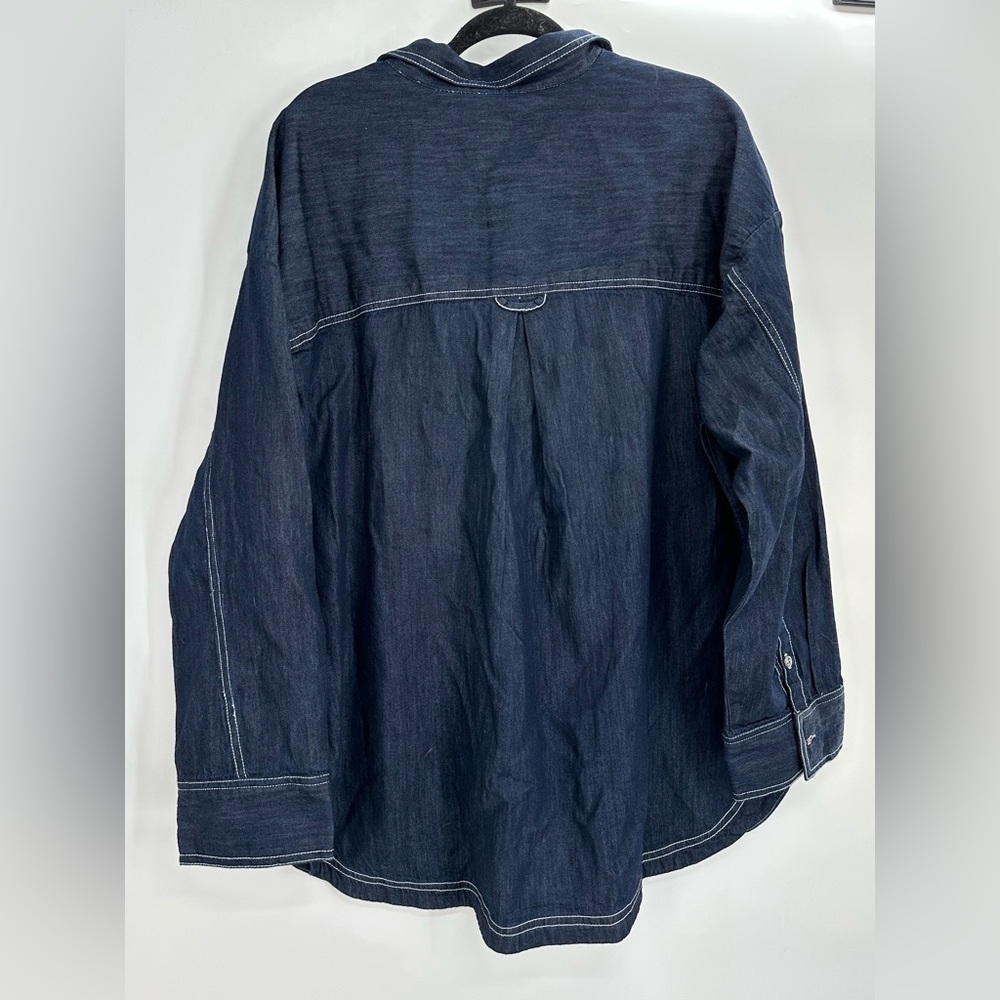 Anthropologie Dark Navy Button-Down Shirt with Contrast White Stitching - Picture 8 of 10